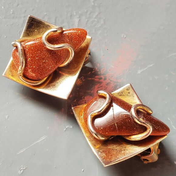 Abstract Goldstone Clip Earrings Amber Adventurine Copper Wire Vintage Mod Retro - Picture 4 of 16